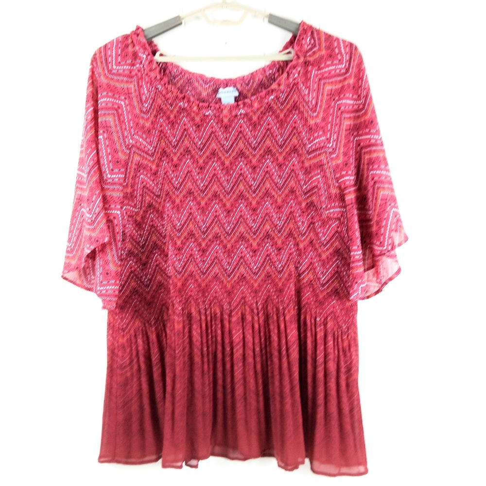 Catherines Sheer Pleated Top Plus Size 3X Chevron Print Flutter Sleeve Stretchy